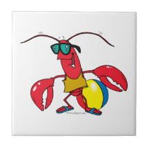 funny beach going  lobster cartoon tile