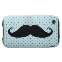 Funny Black Moustache On Teal Blue Polka Dots iPhone 3 Tough Cover