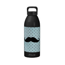 Funny Black Moustache On Teal Blue Polka Dots Reusable Water Bottle