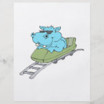 funny blue hippo riding a roller coaster flyer