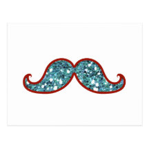 FUNNY BLUE MUSTACHE GLITTER POST CARDS