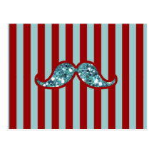 FUNNY BLUE MUSTACHE GLITTER RED STRIPES POSTCARDS