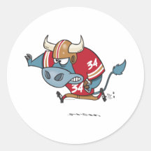 funny cartoon bull playing football round sticker