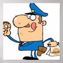 funny cartoon cop eating doughnuts posters