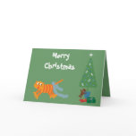 Funny Cat With Tinsel On Tail Green Christmas Card