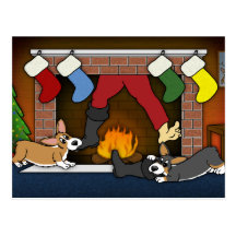 Funny Christmas Fireplace Corgis Postcard