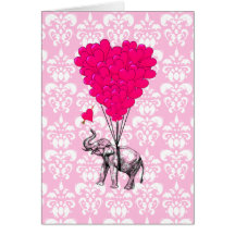 Funny cute elephant & pink damask greeting card
