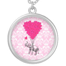 Funny cute elephant & pink damask pendant