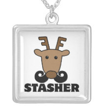 funny dasher stasher moustache reindeer custom necklace