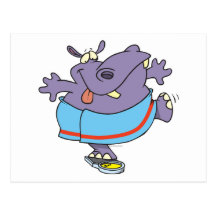 funny dieting hippo on a scale cartoon post cards