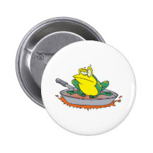 funny frog in a frying pan cartoon button