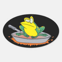 funny frog in a frying pan cartoon oval sticker