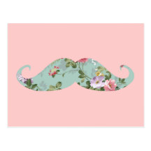 Funny Girly Vintage Red Pink Floral Moustache Postcard