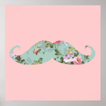 Funny Girly Vintage Red Pink Floral Moustache Poster
