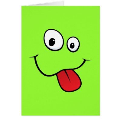 Funny goofy smiley sticking out his tongue, green greeting cards by TheStationeryShop