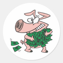 funny greedy money hog piggy pig round stickers