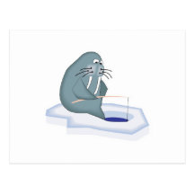 funny ice fishing walrus postcard