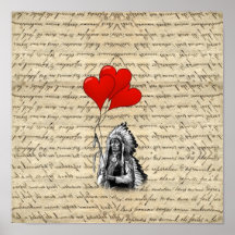 Funny Indian chief and heart balloons Posters