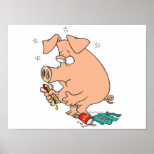 funny junk food stuffed pig with tummy belly ache poster