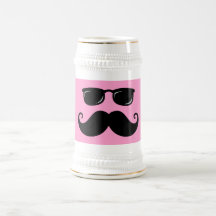 Funny moustache and sunglasses face on pink coffee mugs