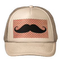 Funny Moustache On Cute Pink Polka Dot Background Hat