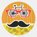Funny Mustache; Retro Green & Orange Round Stickers