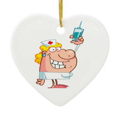 funny nurse with a syringe cartoon ornament by super_shop
