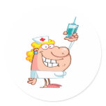 funny nurse with a syringe cartoon round sticker