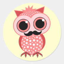 funny owl with moustache round sticker