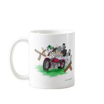 Funny picture of man on motorcycle crashing coffee mug
