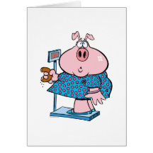 funny pig on a diet eating a doughnut on a scale card