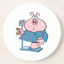 funny pig on a diet eating a doughnut on a scale beverage coasters