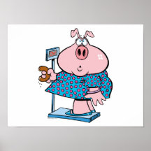 funny pig on a diet eating a doughnut on a scale print