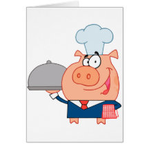funny piggy pig waiter wearing chefs hat greeting card