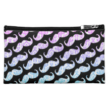 Funny Pink Blue Floral Damask Moustache Pattern Makeup Bags