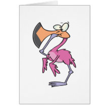 funny pink flamingo with foot in mouth greeting cards