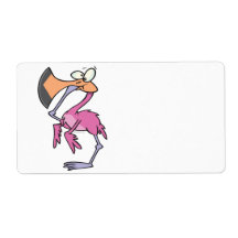 funny pink flamingo with foot in mouth shipping label