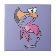 funny pink flamingo with foot in mouth tile