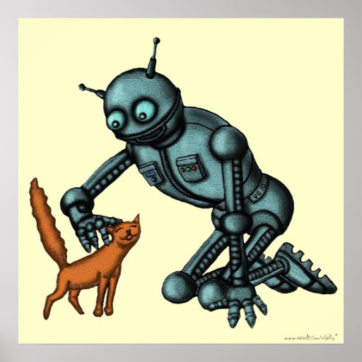 Funny robot and cat art poster