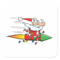 funny santa claus on a rocket cartoon square sticker