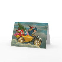 Funny Santa Delivering Presents on Motorbike Greeting Cards