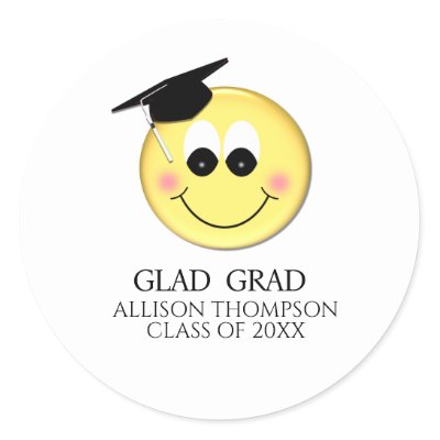 Funny Faces Sticker on Yellow Smiley Face Is Glad To Be A Grad  Funny T Shirts And Gifts For
