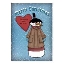 Funny Snowman with red heart Business Card Templates