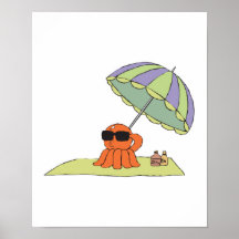 funny sun tanning beach octopus poster
