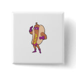 funny super hero hot dog character button
