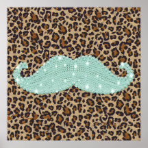 Funny Teal Green Bling Moustache And Animal Print