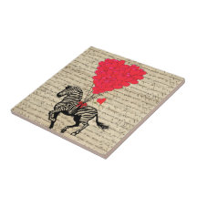 Funny vintage zebra & heart balloons ceramic tiles