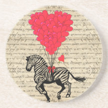 Funny vintage zebra & heart balloons beverage coaster