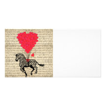Funny vintage zebra & heart balloons photo card template