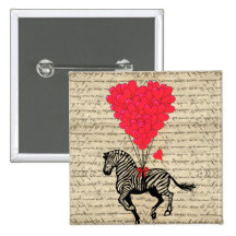 Funny vintage zebra & heart balloons pins